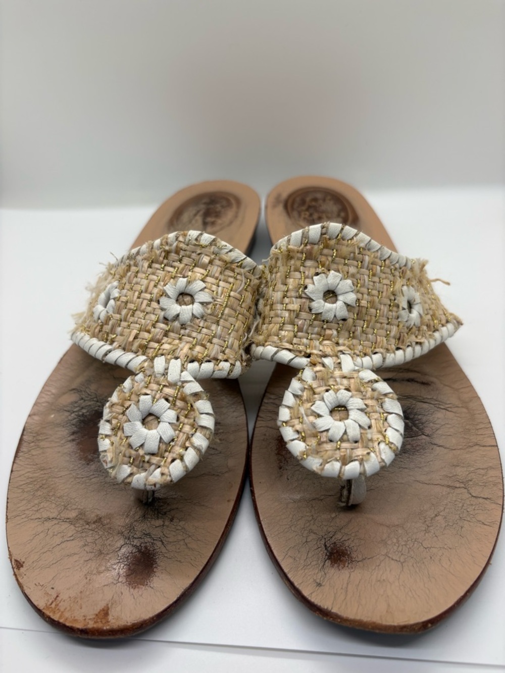 Jack Rogers Woven Raffia Toe-Loop Sandals in Natural and White